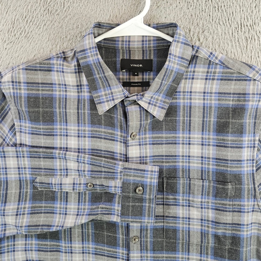 Vince Mens Blue Grey Plaid Flannel Button Down Shirt Classic Fit Cotton Size M
